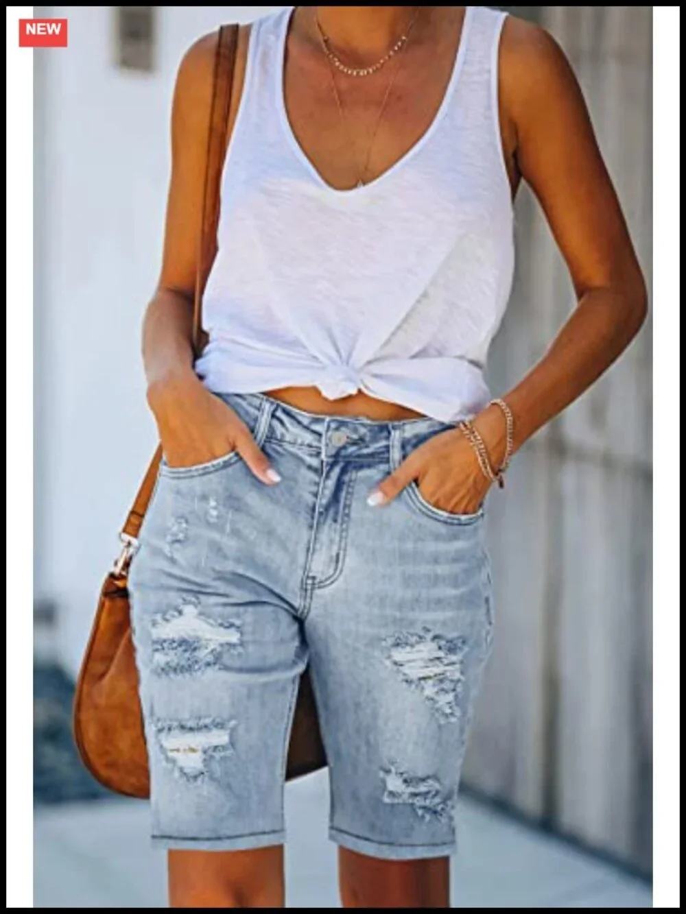 Women's Ripped Mid-Rise Denim Bermuda Shorts Stretchy Jean Shorts Knee Length